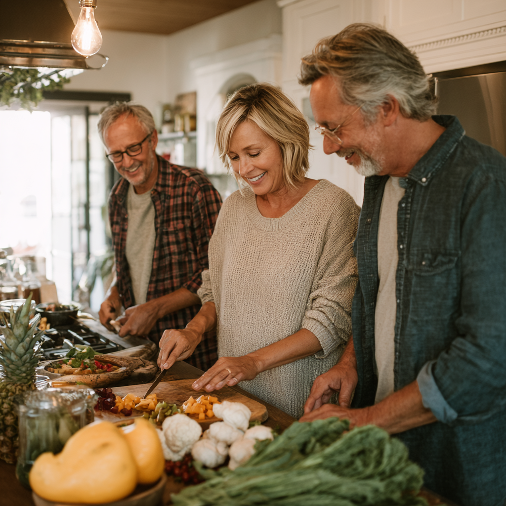 Middle-aged adults preparing healthy meals together in a bright kitchen