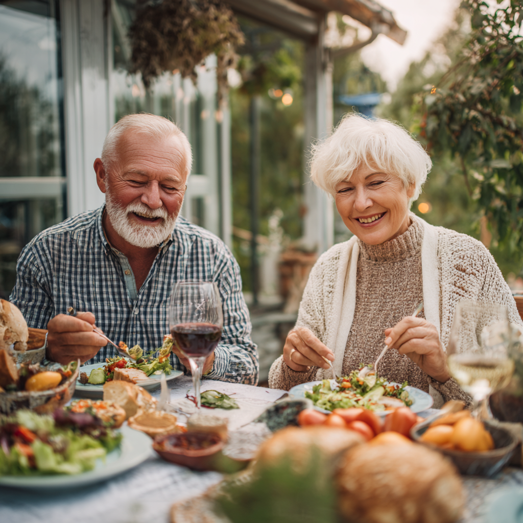 Older adults enjoying a well-planned nutritious meal together outdoors